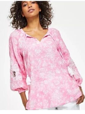 Charter Club Luxury Linen Pink Floral 3/4 Sleeve Blouse Tassel Detail Size L